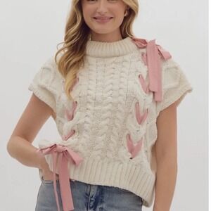 Entro Knit Vest Sweater‎ Cream Pink Ribbon Bow Sleeveless Large NWT Coquette